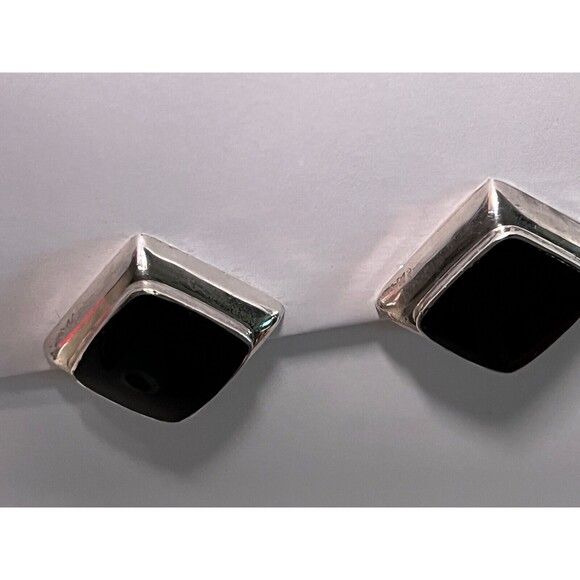 Vintage Taxco Mexico Sterling Silver Onyx Earrings 1.5 In. Square Modernist - Picture 9 of 11